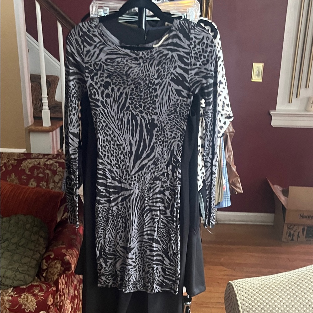 Alice + Olivia Black and Gray Animal Print Dress